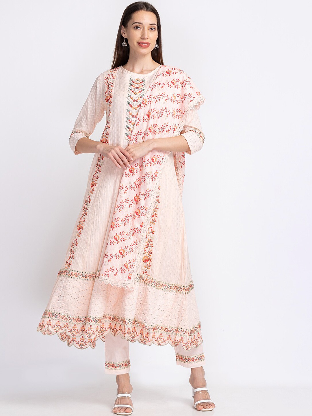 

Neerus Embroidered A-Line Kurta with Trousers & With Dupatta, Peach