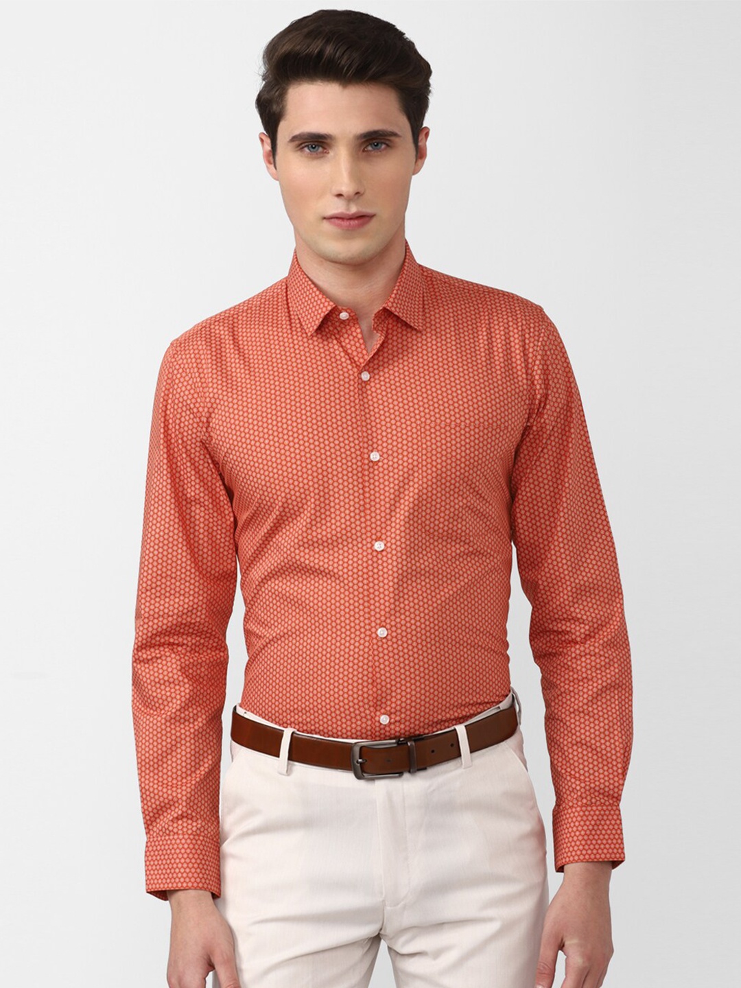 

Peter England Men Comfort Slim Fit Printed Cotton Formal Shirt, Orange