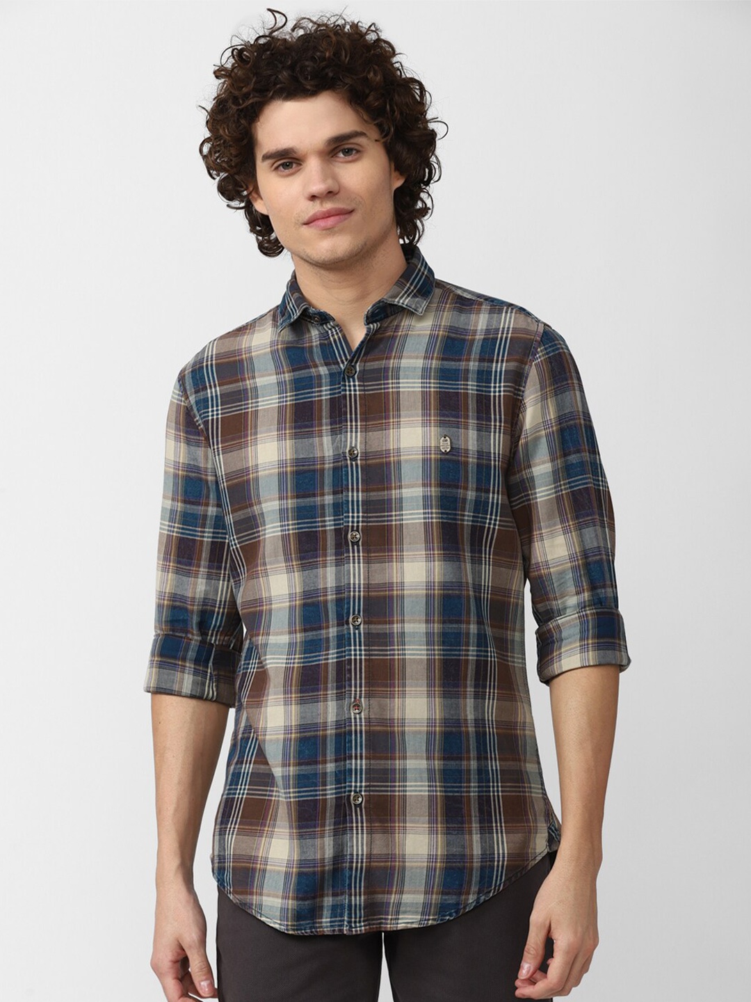

Peter England Casuals Men Cotton Slim Fit Tartan Checks Checked Casual Shirt, Navy blue