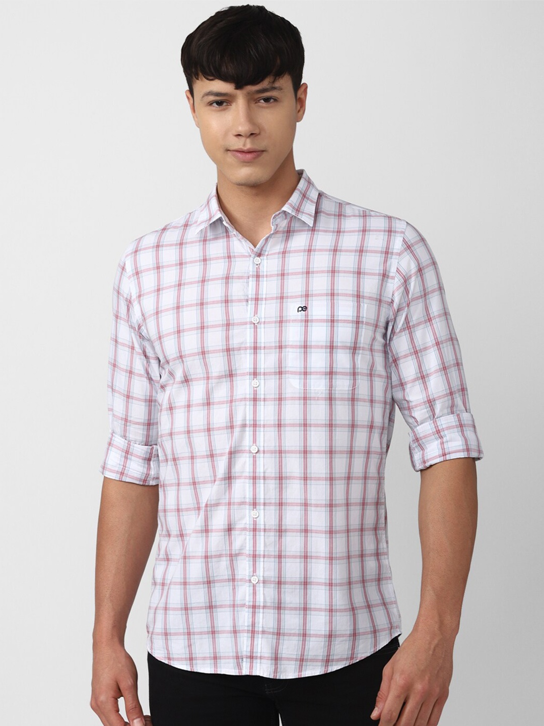 

Peter England Casuals Men Cotton Slim Fit Tartan Checks Checked Casual Shirt, White