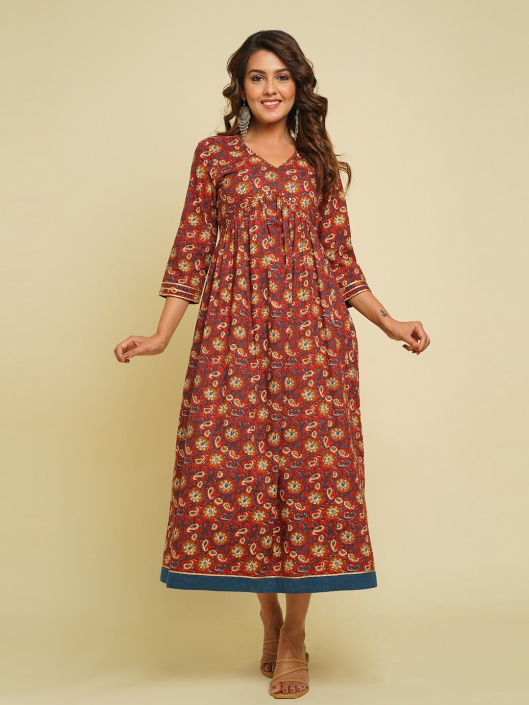 

CRAFTED FOR YOU Maroon Floral Printed V-Neck Pure Cotton Ethnic Dress