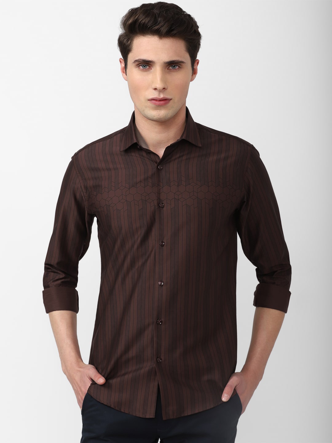 

V Dot Men Slim Fit Striped Casual Cotton Shirt, Brown