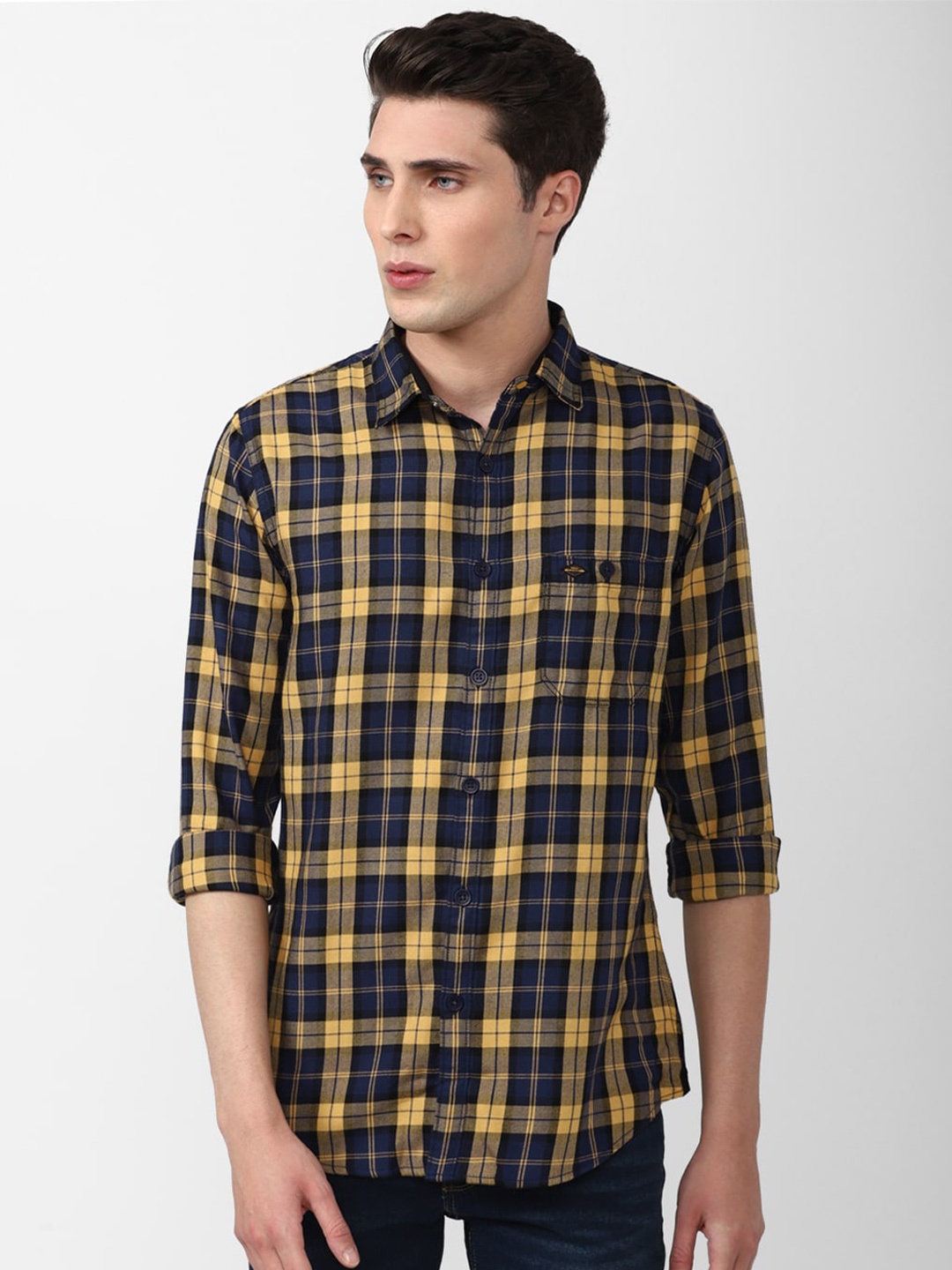 

VAN HEUSEN DENIM LABS Men Slim Fit Tartan Checks Checked Casual Shirt, Navy blue