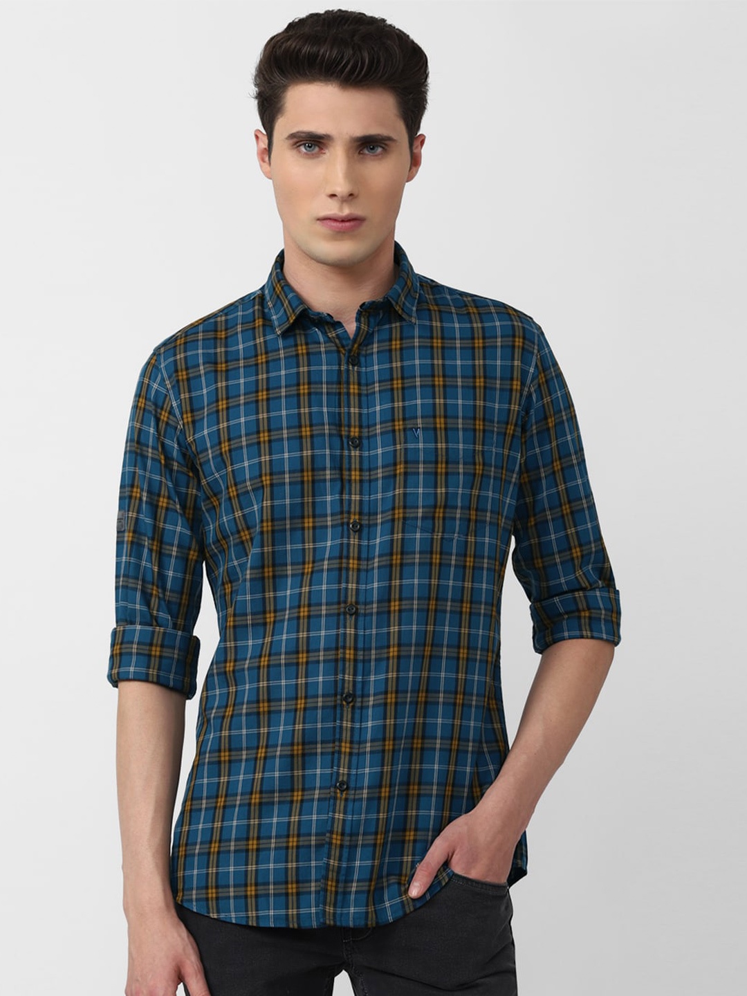 

VAN HEUSEN DENIM LABS Men Slim Fit Tartan Checks Checked Cotton Casual Shirt, Blue