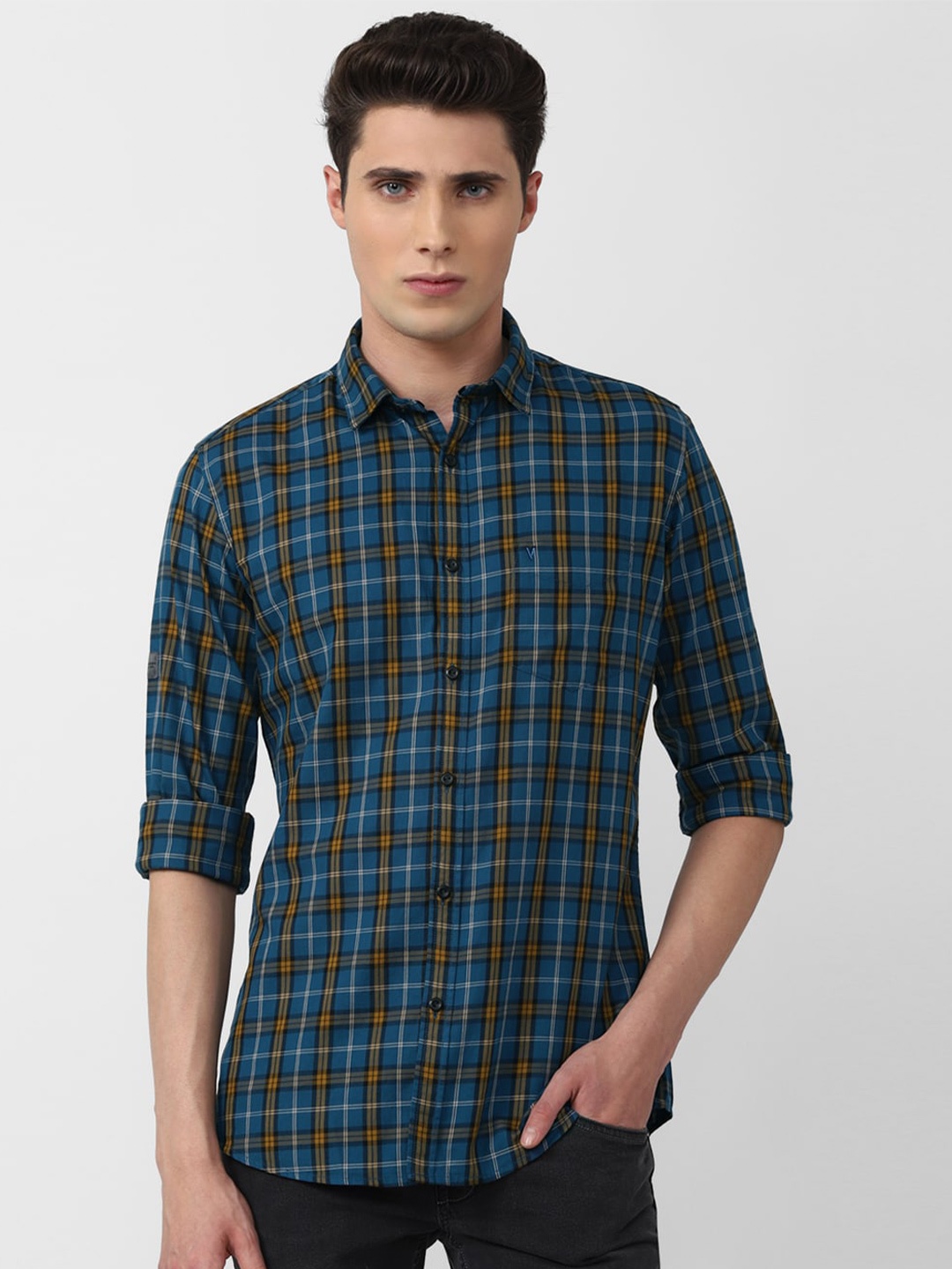 

VAN HEUSEN DENIM LABS Men Slim Fit Tartan Checks Checked Cotton Casual Shirt, Blue