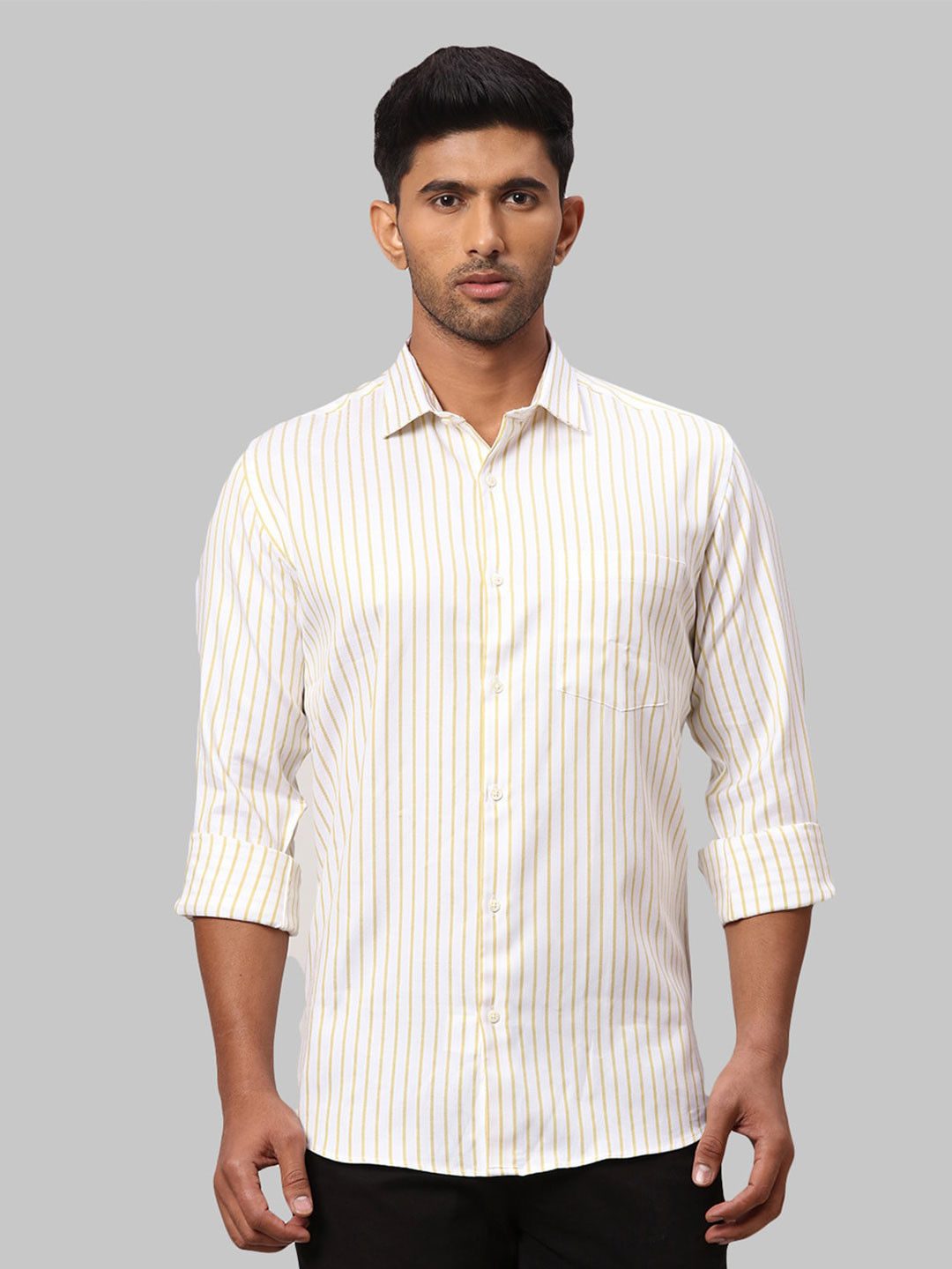 

Park Avenue Men Cotton Slim Fit Striped Casual Shirt, Yellow