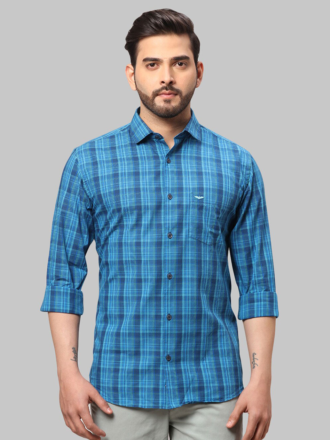 

Park Avenue Men Cotton Slim Fit Checked Casual Shirt, Blue