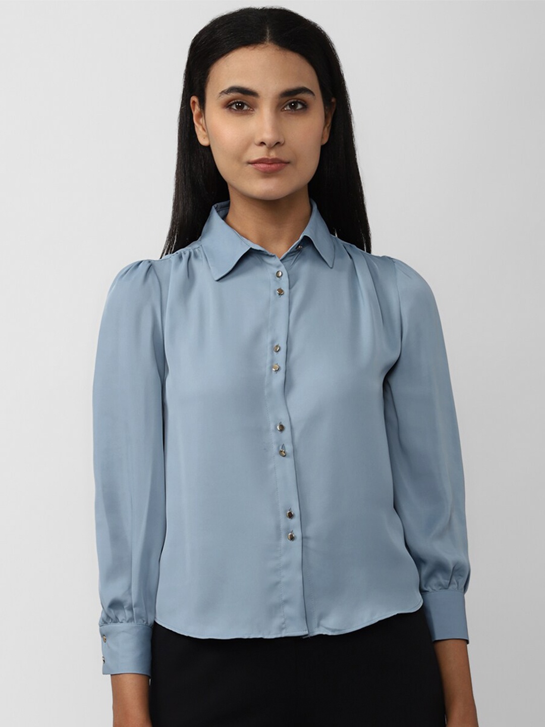 

Van Heusen Woman Puff Sleeve Spread Collar Formal Shirt, Blue