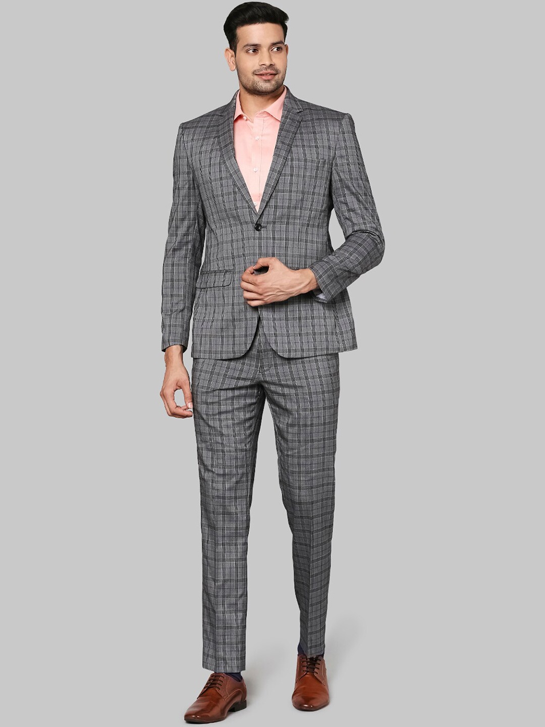 

Park Avenue Men Checked Slim-Fit Single-Breasted Two Piece Suits, Grey