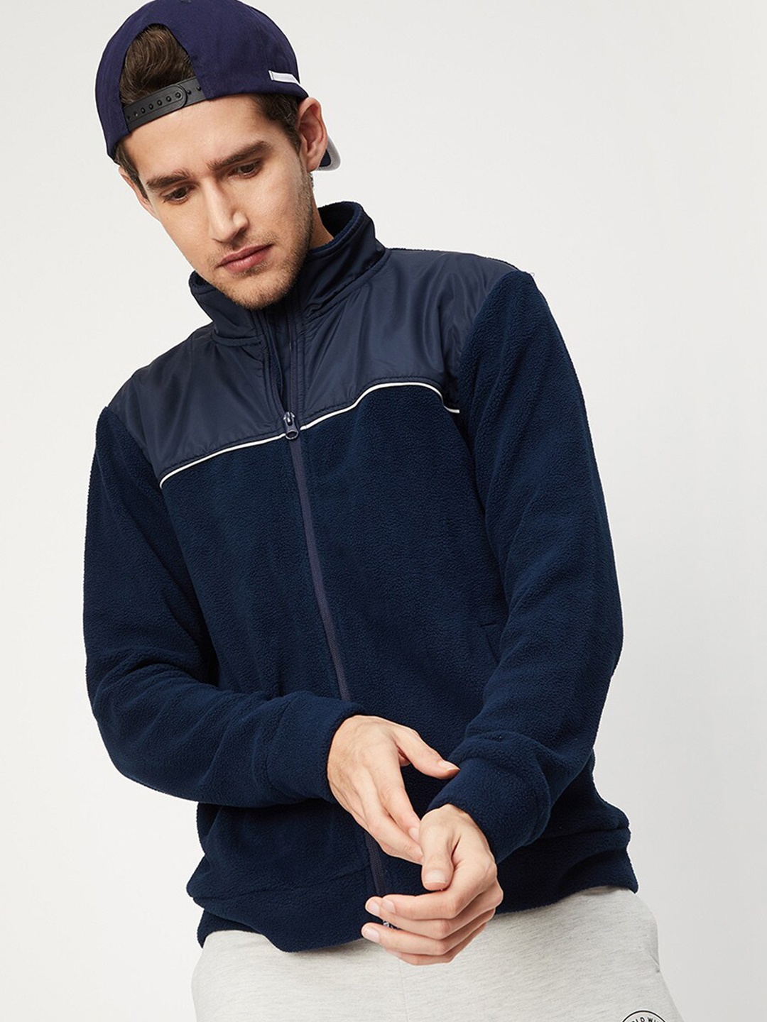 

max Men Mock Collar Long Sleeves Bomber Jacket, Navy blue
