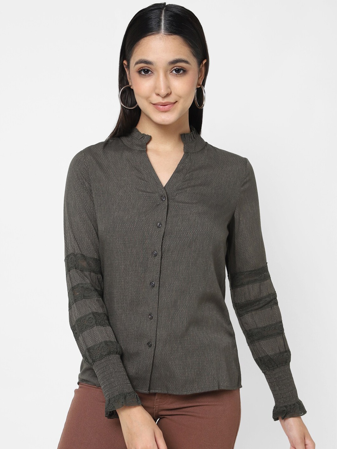 

VASTRADO Self Design Pure Cotton Shirt Style Top, Olive