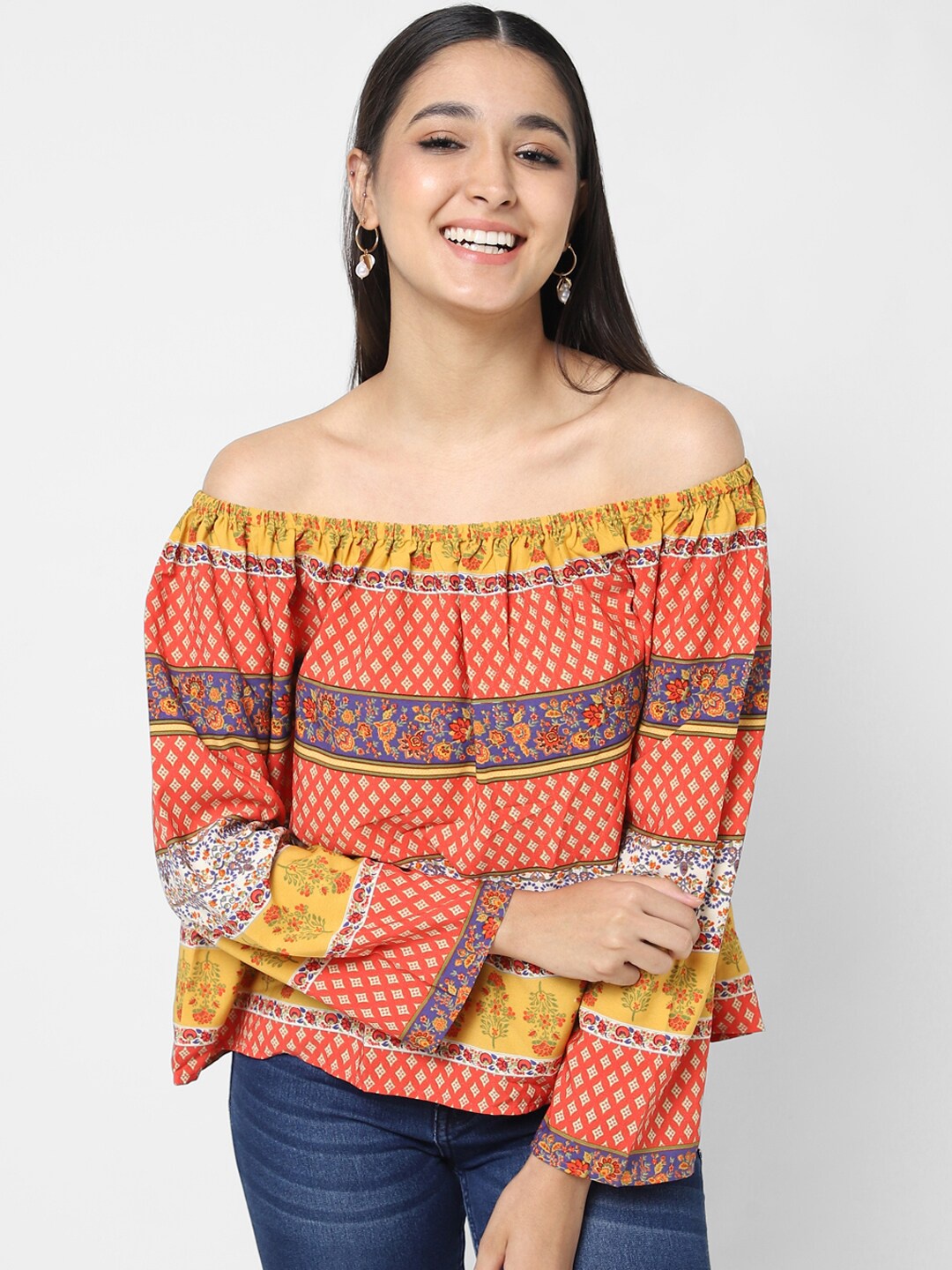 

VASTRADO Printed Pure Cotton Off-Shoulder Bardot Top, Orange