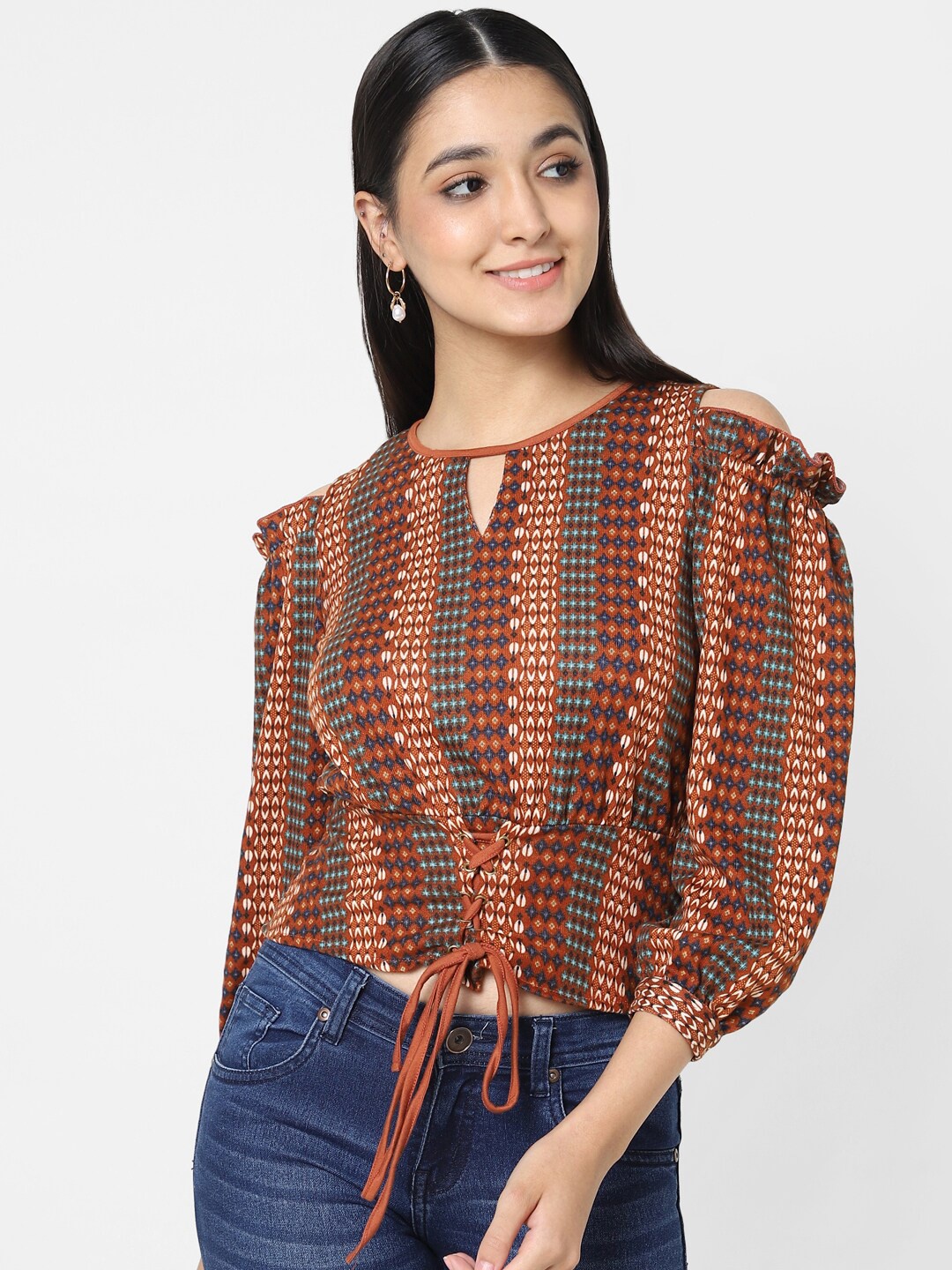 

VASTRADO Printed Pure Cotton Keyhole Neck Blouson Crop Top, Brown