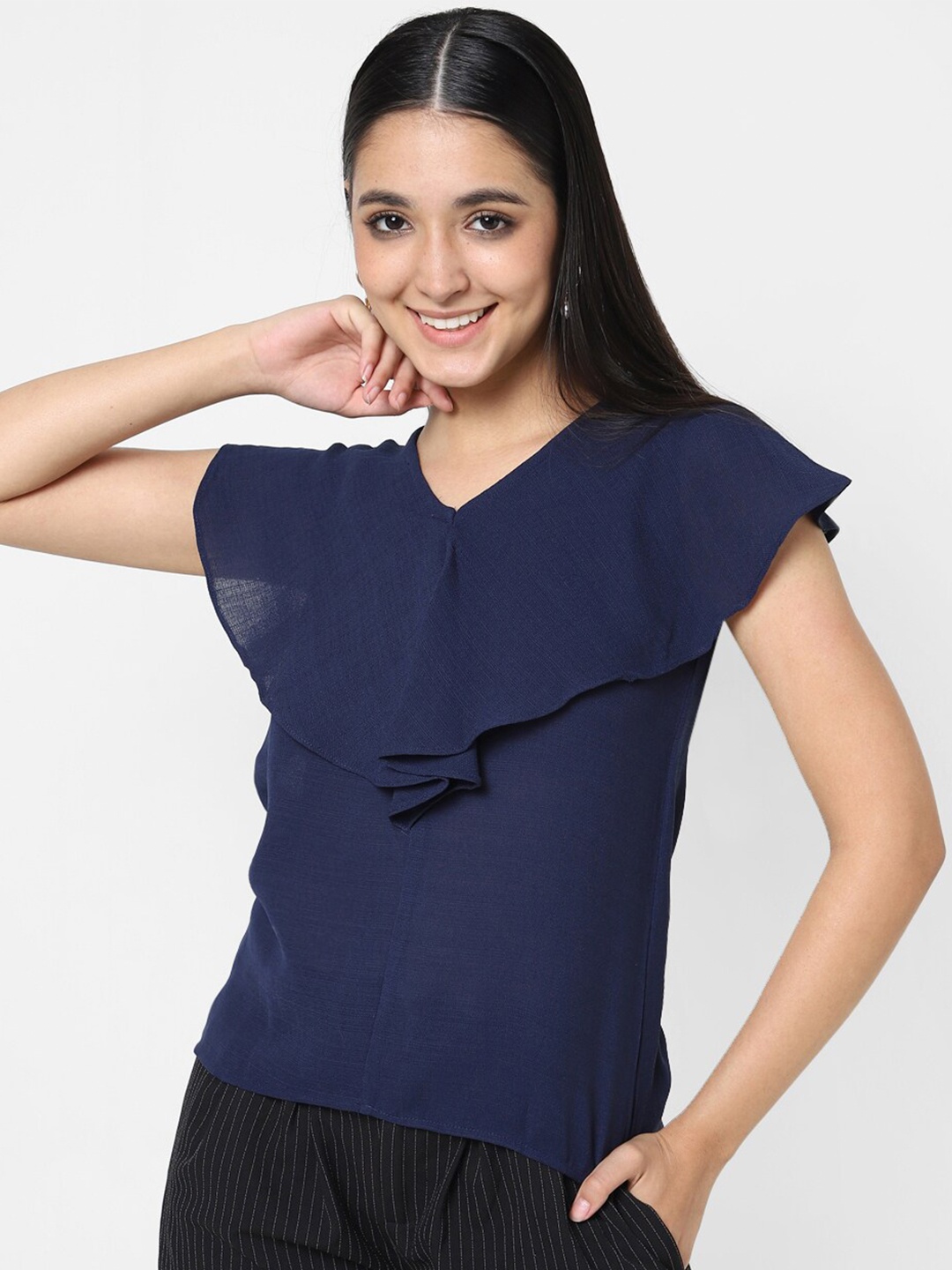 

VASTRADO V-Neck Flutter Sleeves Ruffles Top, Navy blue