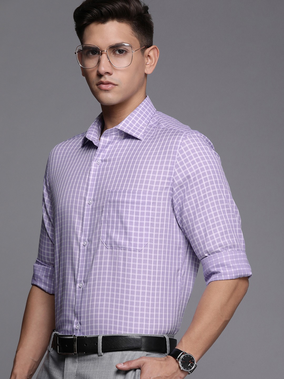 

Louis Philippe Classic Fit Checked Pure Cotton Formal Shirt, Purple