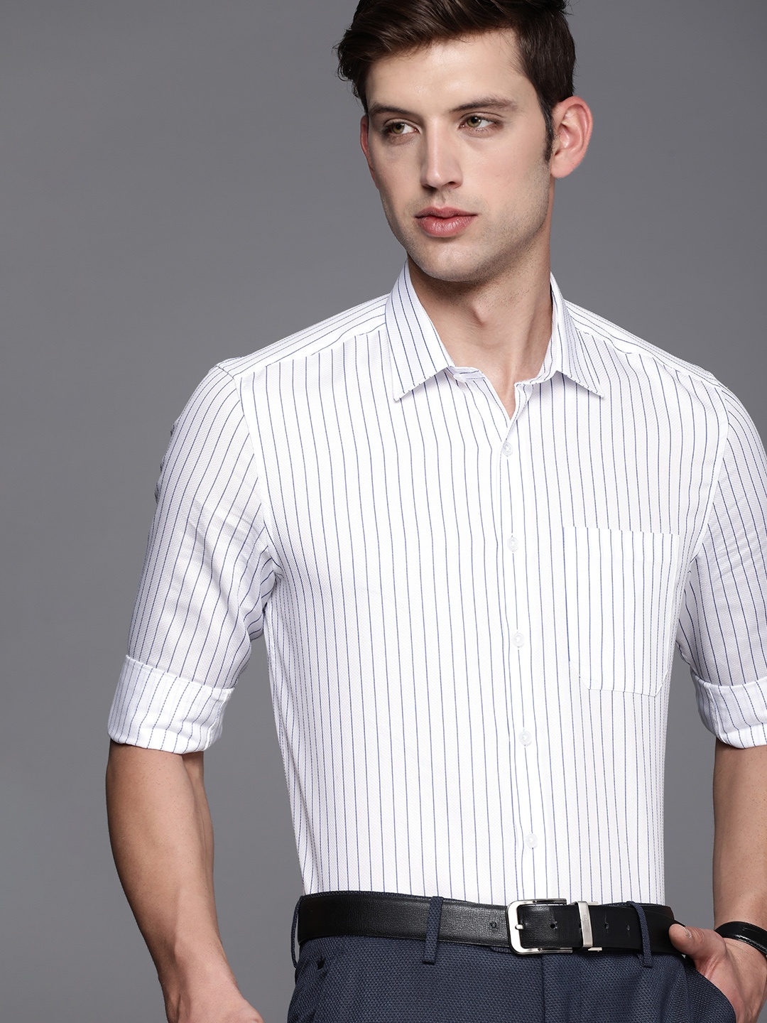 

Louis Philippe Slim Fit Striped Pure Cotton Formal Shirt, Blue