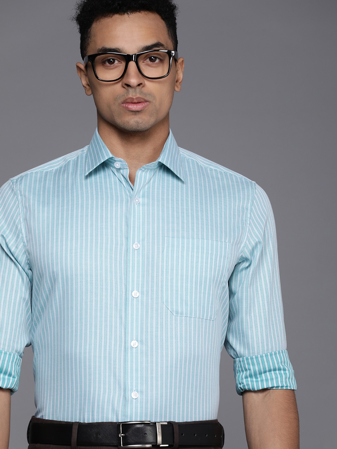 

Louis Philippe Men Pure Cotton Slim Fit Striped Formal Shirt, Turquoise blue