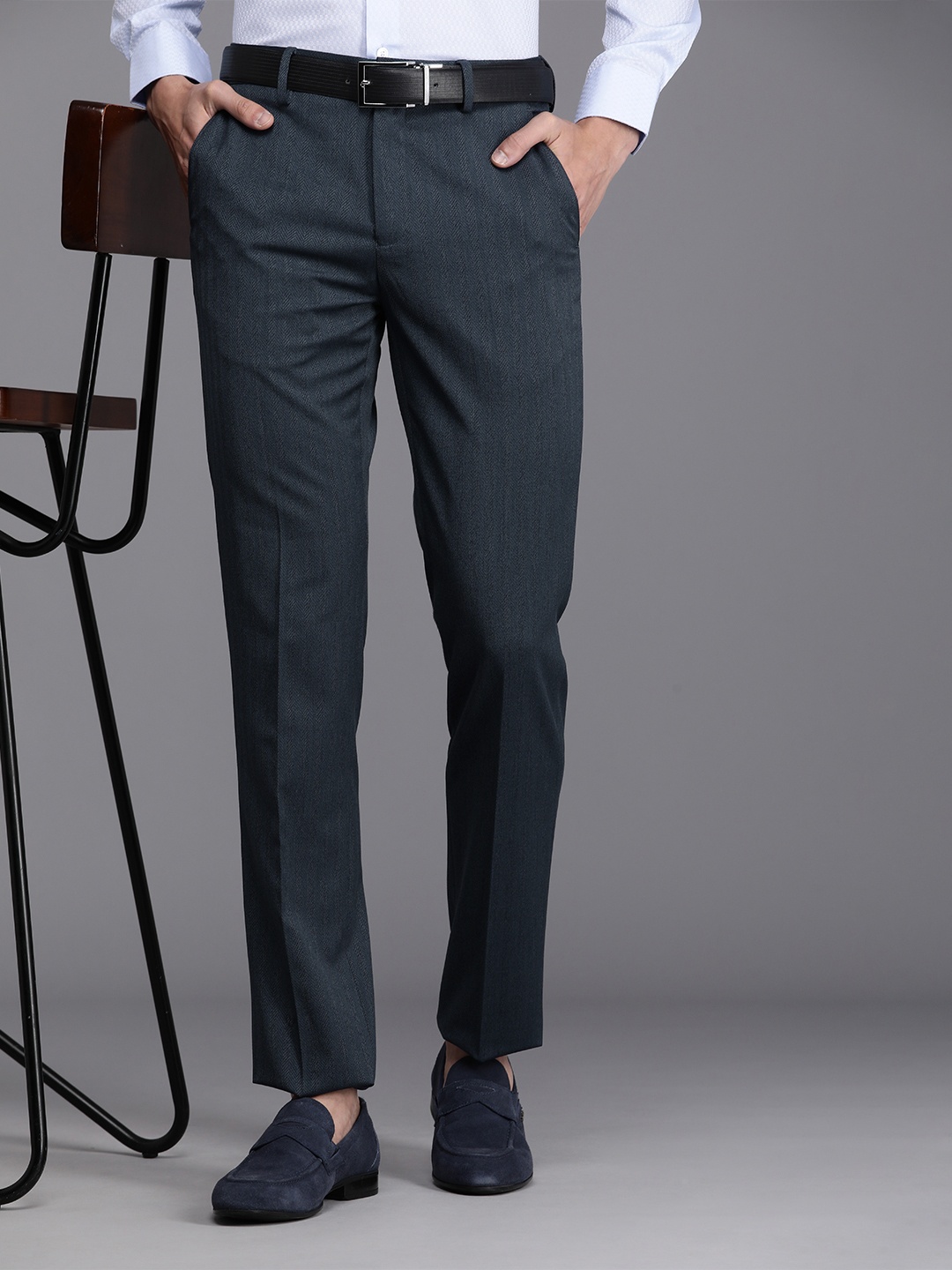 

Louis Philippe Men Textured Slim Fit Trousers, Blue