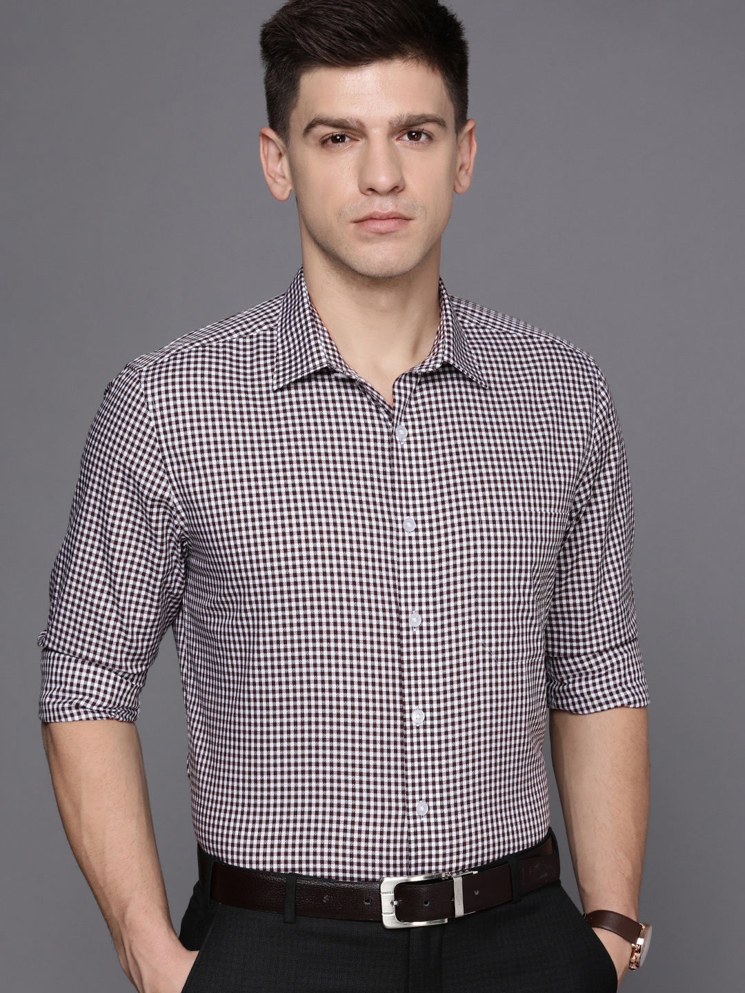 

Louis Philippe Cotton Slim Fit Grid Tattersall Checks Opaque Formal Shirt, Coffee brown