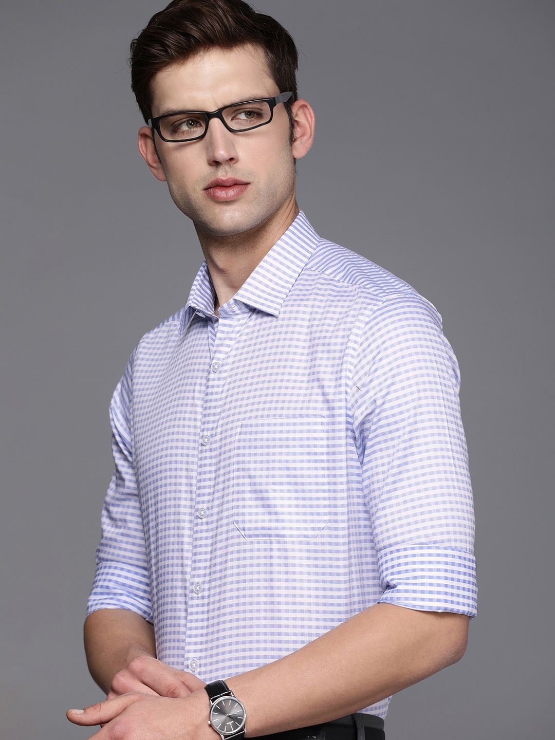 

Louis Philippe Pure Cotton Micro Checks Opaque Formal Shirt, Blue
