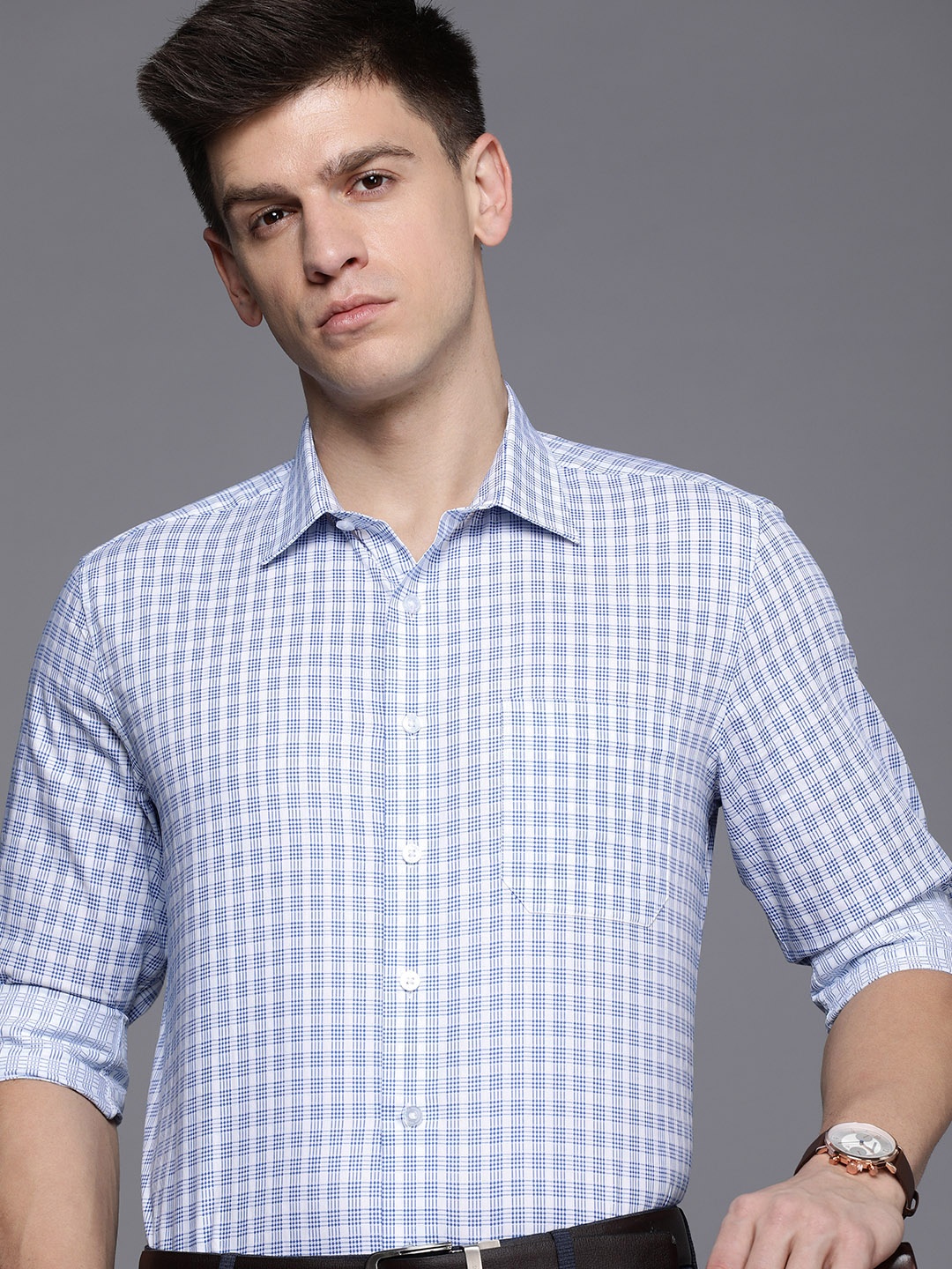 

Louis Philippe Cotton Slim Fit Micro Checks Opaque Checked Formal Shirt, Blue