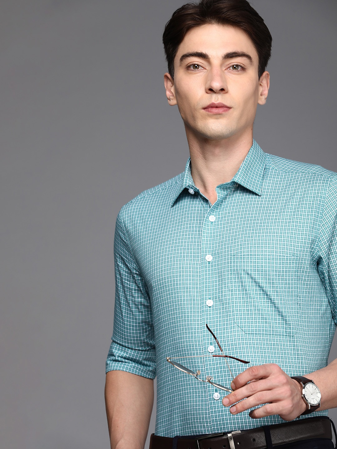 

Louis Philippe Men Slim Fit Checked Pure Cotton Formal Shirt, Turquoise blue