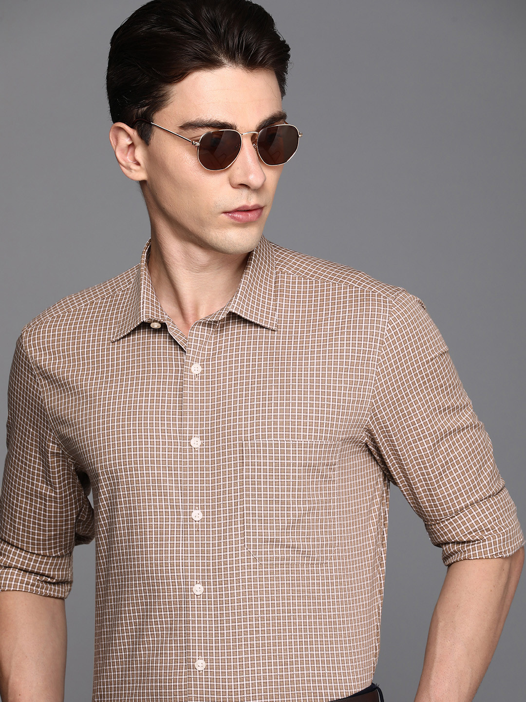

Louis Philippe Men Slim Fit Checked Pure Cotton Formal Shirt, Brown