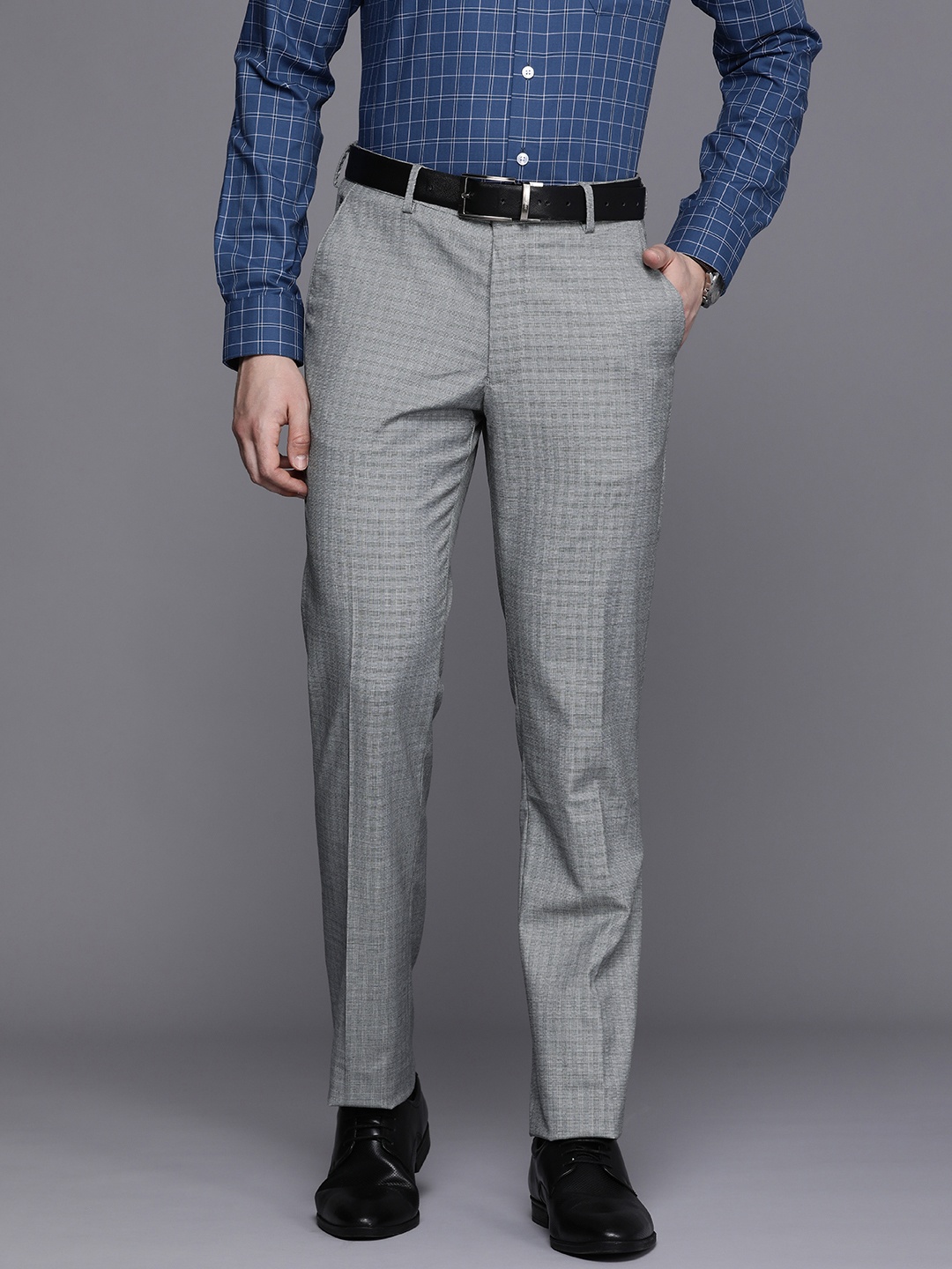 

Louis Philippe Men Checked Slim Fit Formal Trousers, Grey