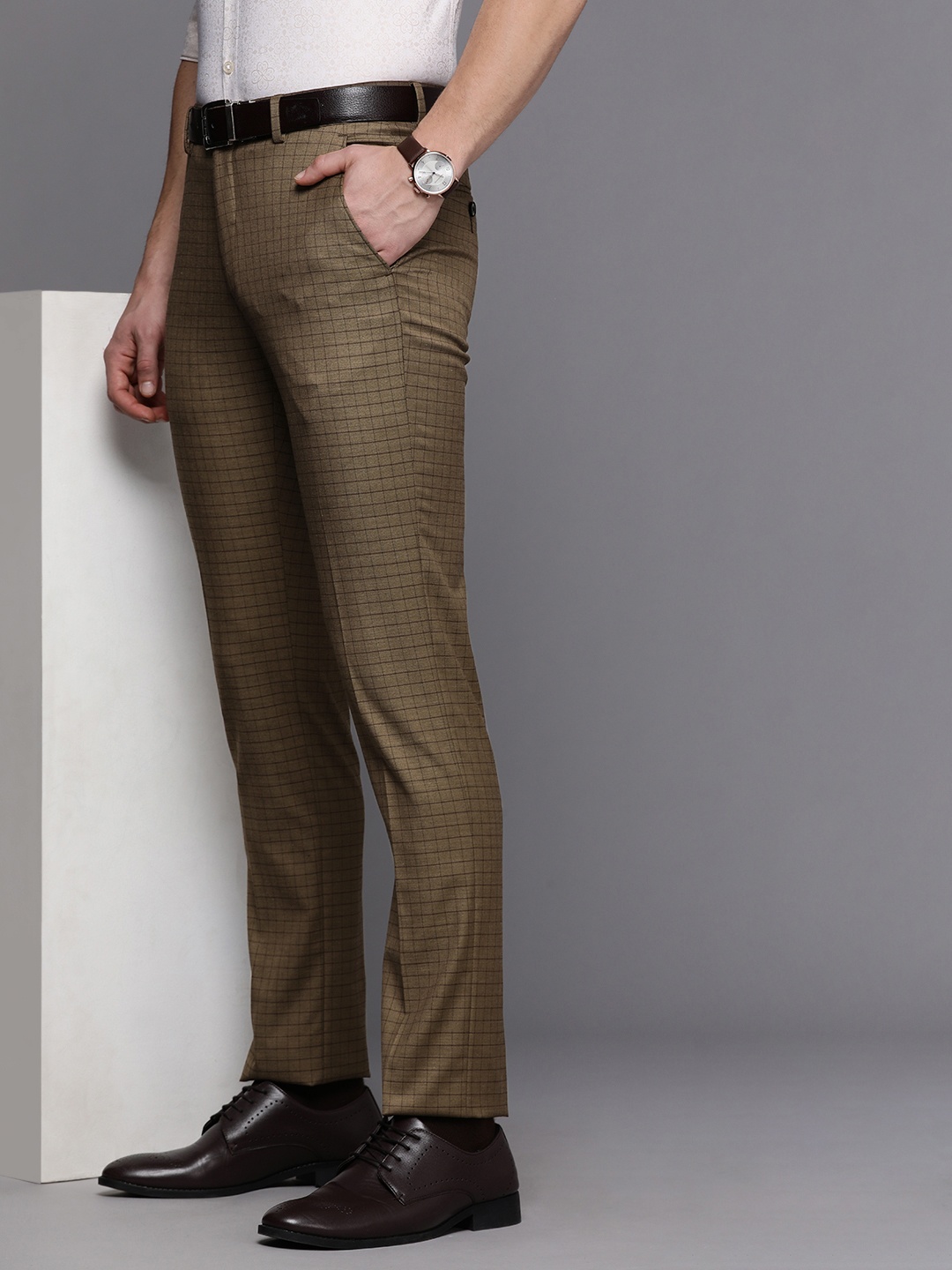 

Louis Philippe Men Khaki Checked Super Slim Fit Trousers