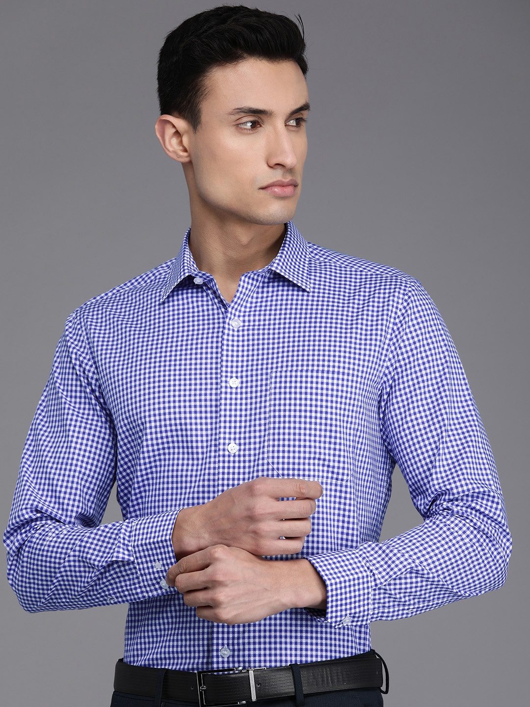 

Louis Philippe Cotton Slim Fit Micro Checks Opaque Formal Shirt, Blue