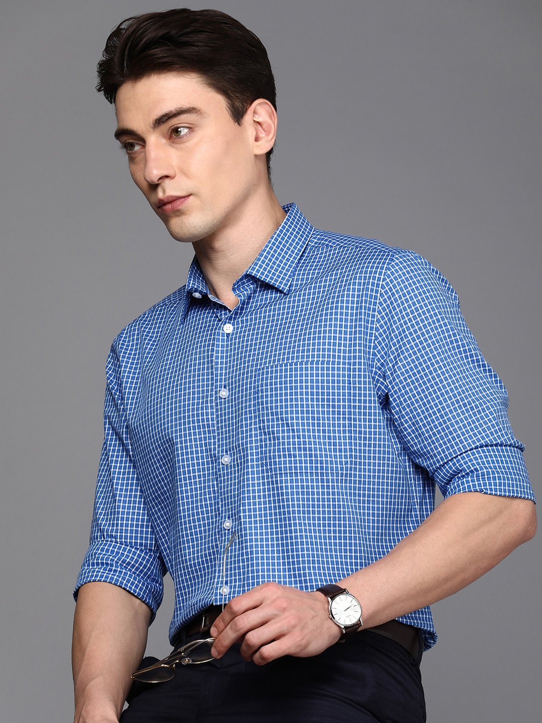 

Louis Philippe Slim Fit Checked Pure Cotton Formal Shirt, Blue