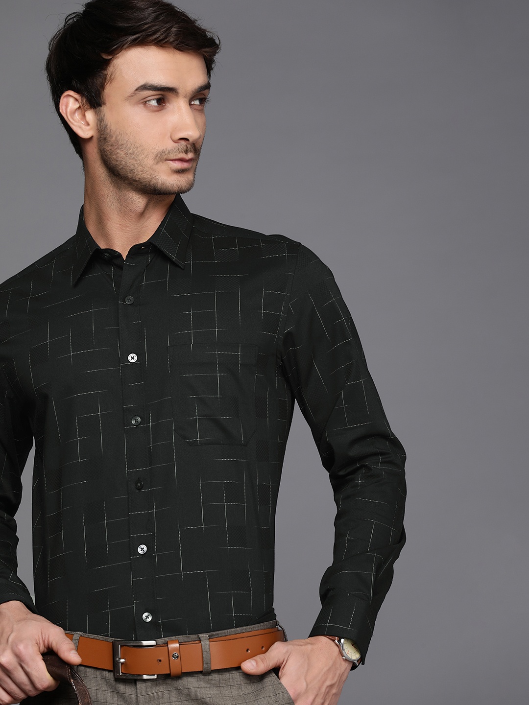

Louis Philippe Men Slim Fit Checked Opaque Formal Shirt With Chest Pocket, Black