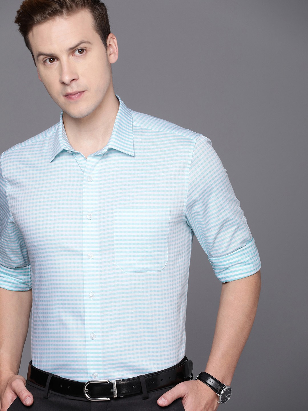 

Louis Philippe Cotton Slim Fit Opaque Checked Formal Shirt, Blue