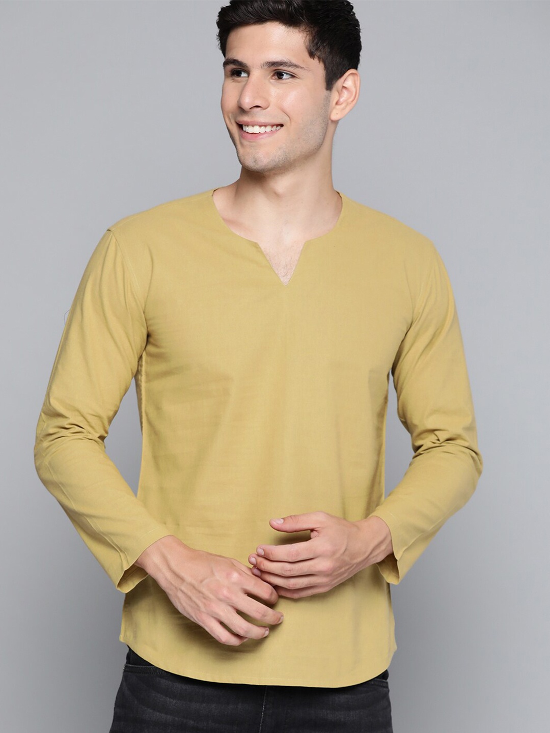 

HERE&NOW Men Henley Neck Raw Edge Cotton T-shirt, Mustard