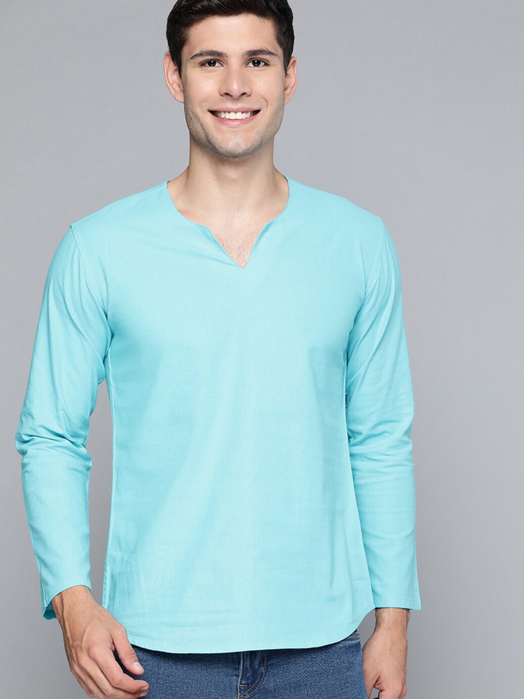 

HERE&NOW Men V-Neck Extended Sleeves Raw Edge Cotton T-shirt, Blue