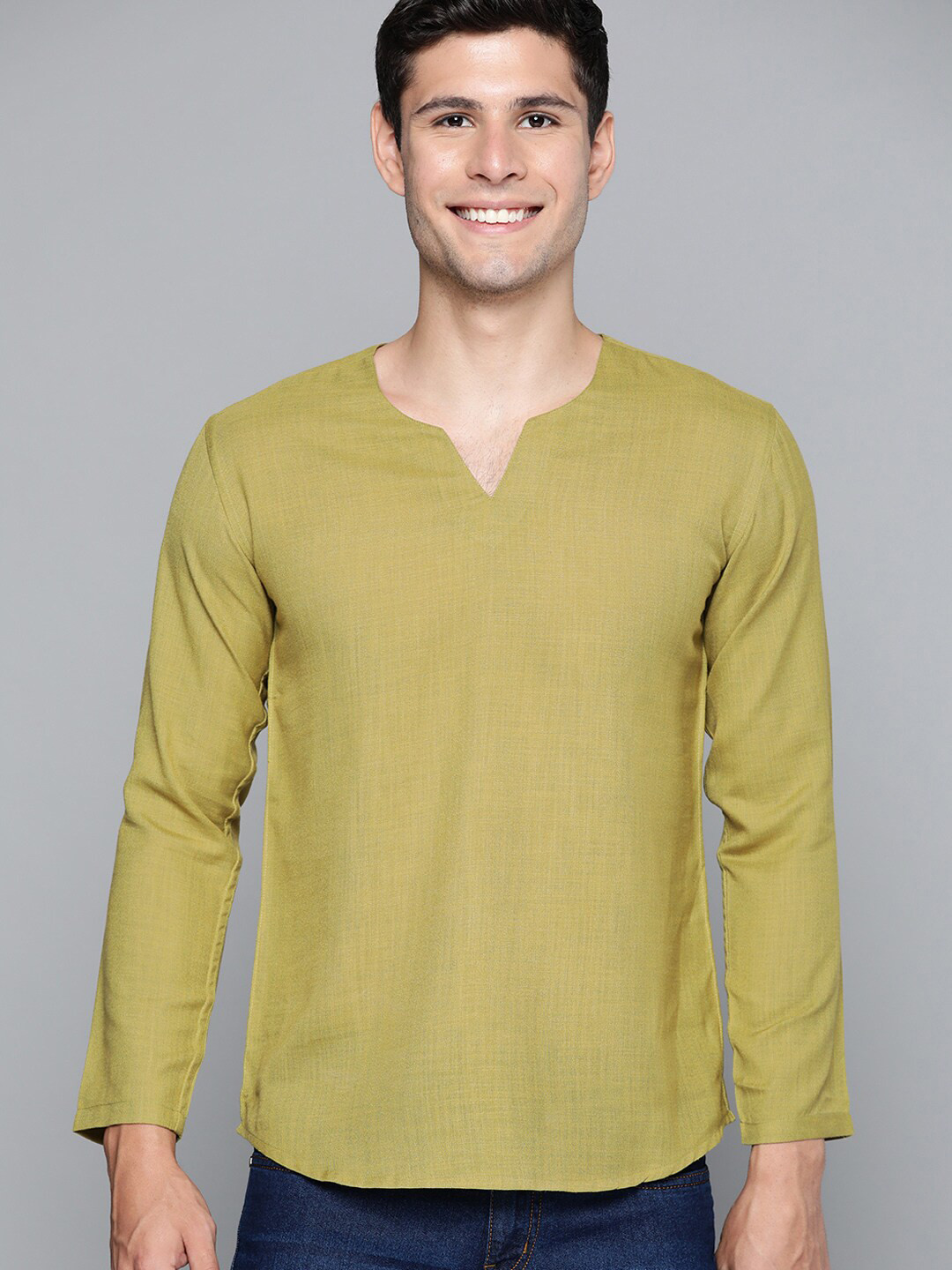 

HERE&NOW Men Henley Neck Raw Edge Cotton T-shirt, Green