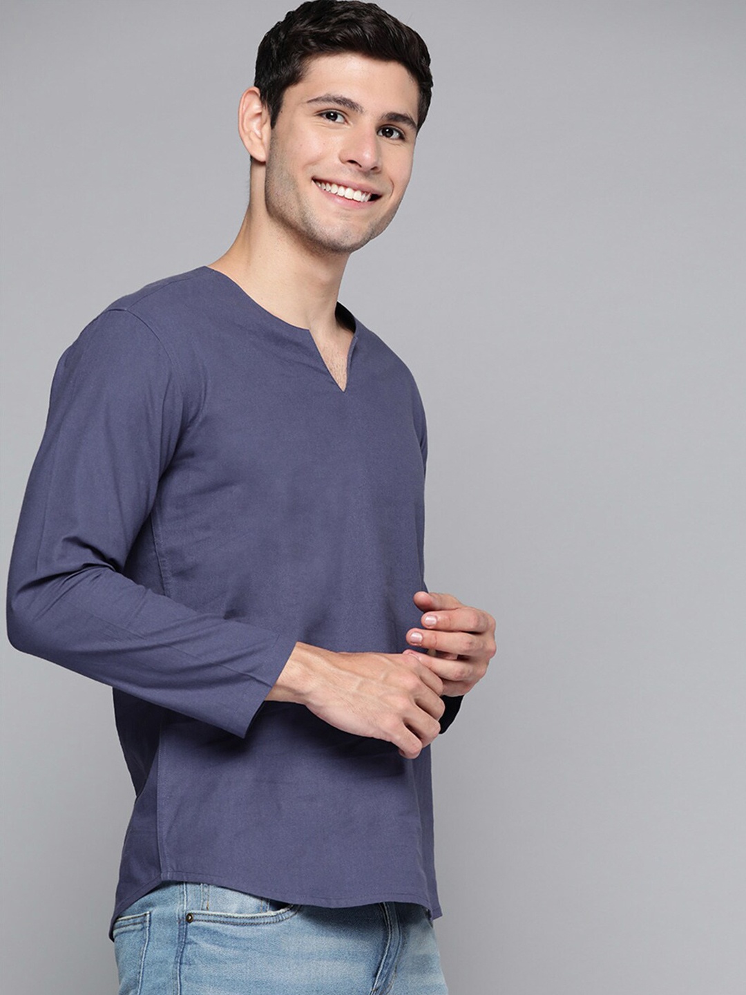 

HERE&NOW Men Henley Neck Cotton T-shirt, Blue