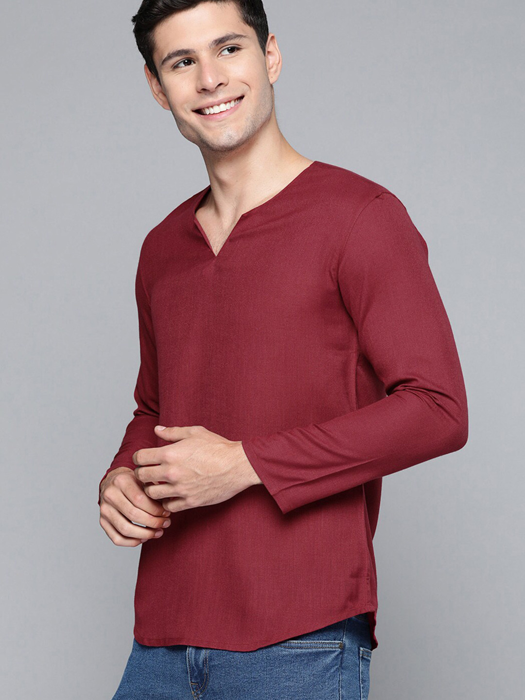 

HERE&NOW Men V-Neck Cotton T-shirt, Maroon