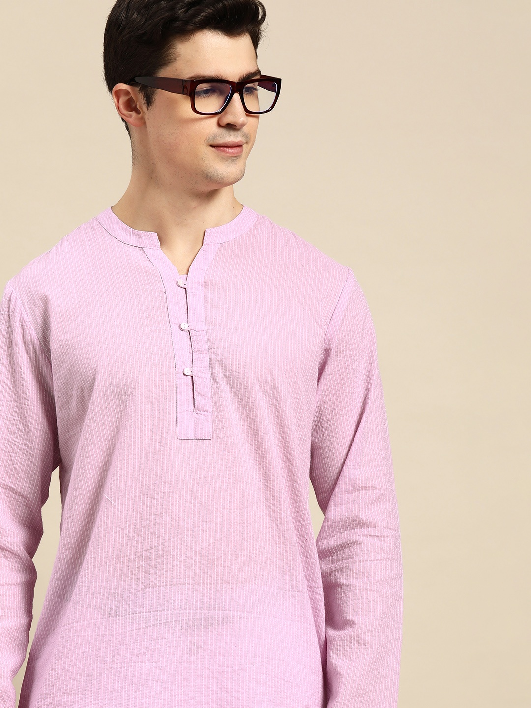 

Anouk Men Pure Cotton Striped Thread Work Kurta, Lavender