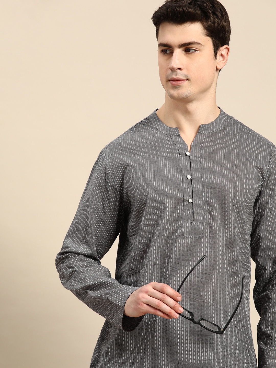 

Anouk Men Striped Thread Work Kurta, Grey