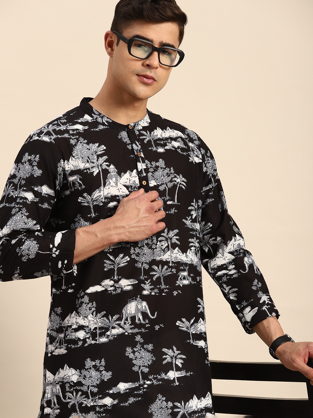 

Anouk Ethnic Motifs Printed Pure Cotton Kurta, Black