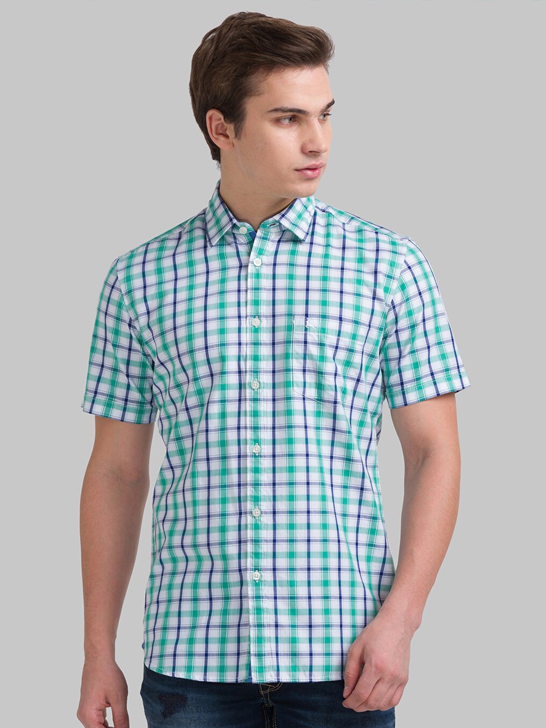 

Parx Men Checked Cotton Slim Fit Short Sleeves Casual Shirt, Sea green