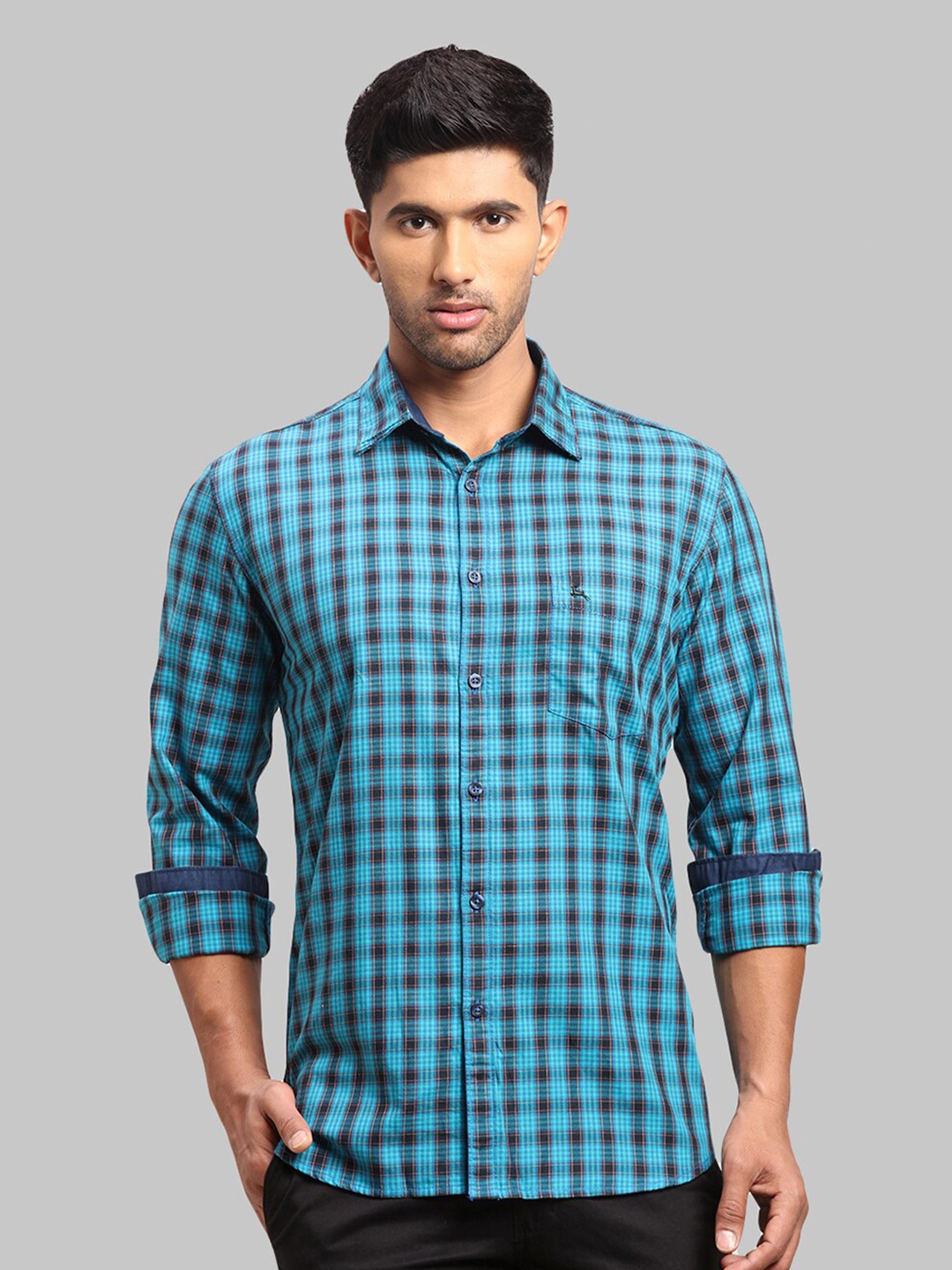 

Parx Men Checked Cotton Slim Fit Casual Shirt, Turquoise blue