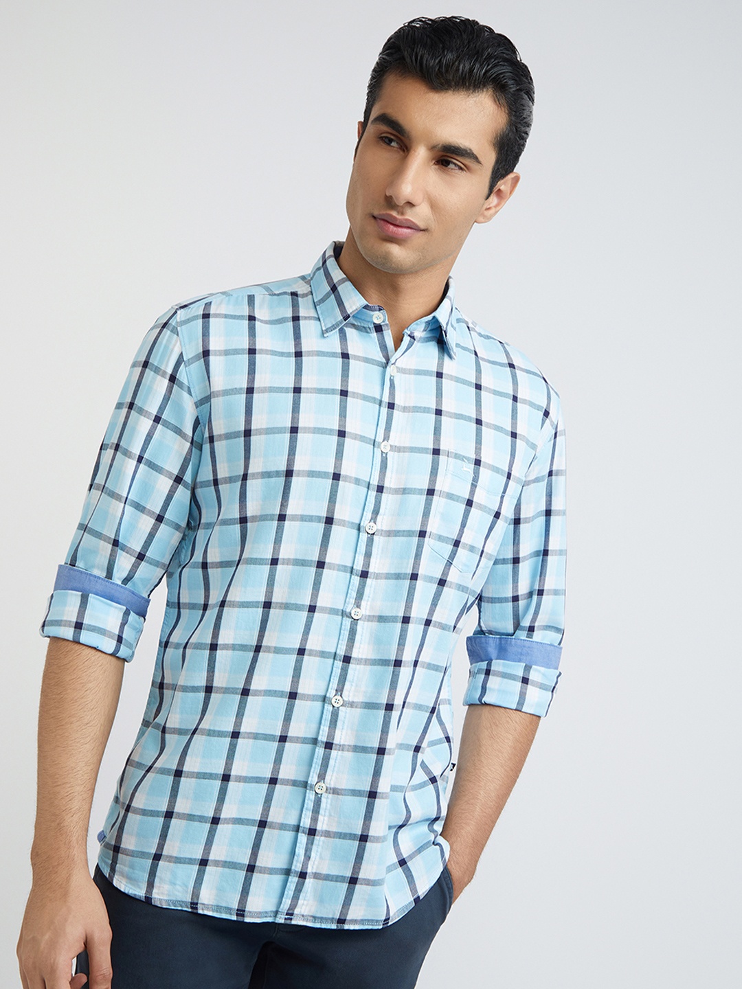 

Parx Men Slim Fit Windowpane Checks Cotton Casual Shirt, Blue