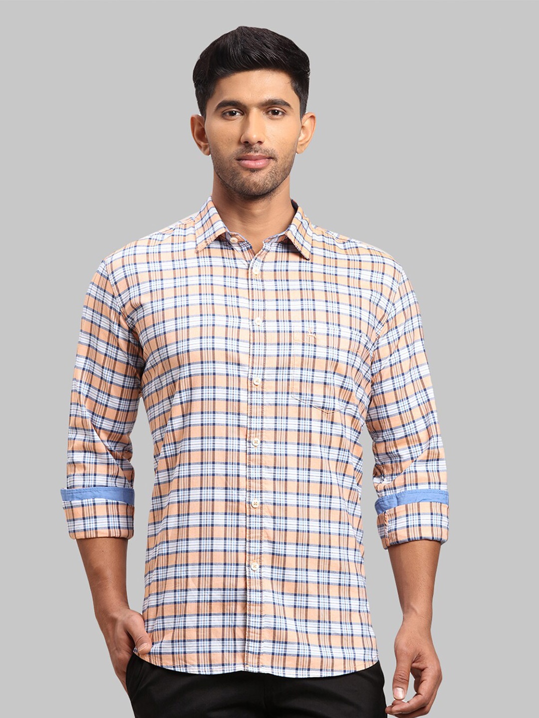 

Parx Men Slim Fit Checked Cotton Casual Shirt, Orange