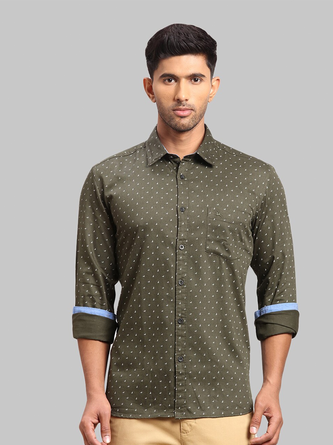 

Parx Men Slim Fit Cotton Printed Casual Shirt, Olive