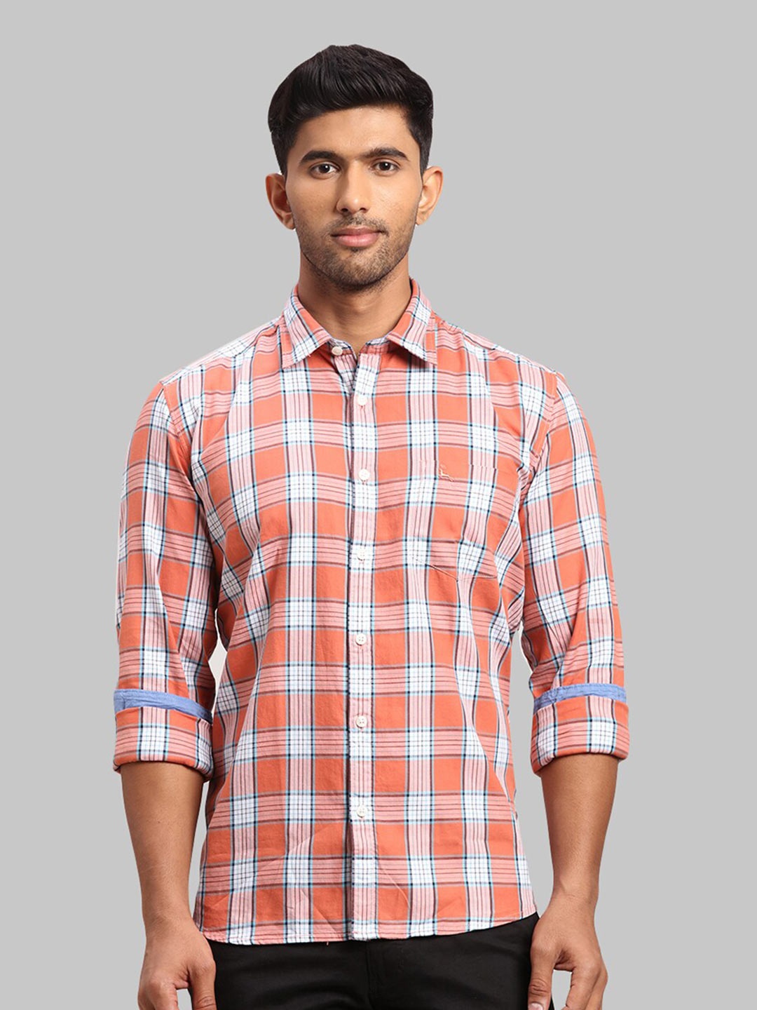 

Parx Men Slim Fit Checked Cotton Casual Shirt, Orange