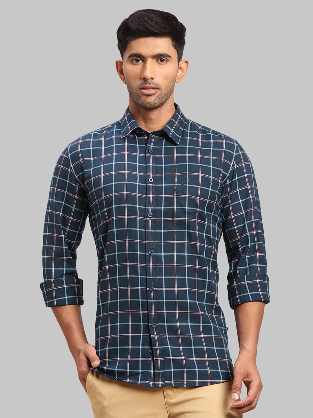 

Parx Men Slim Fit Checked Cotton Casual Shirt, Blue