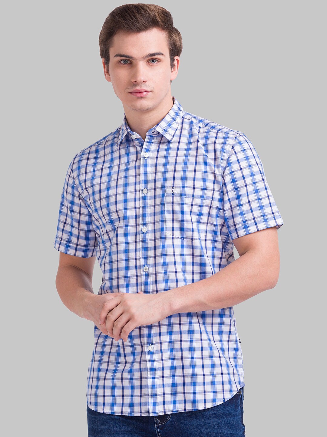 

Parx Men Slim Fit Checked Cotton Casual Shirt, Blue