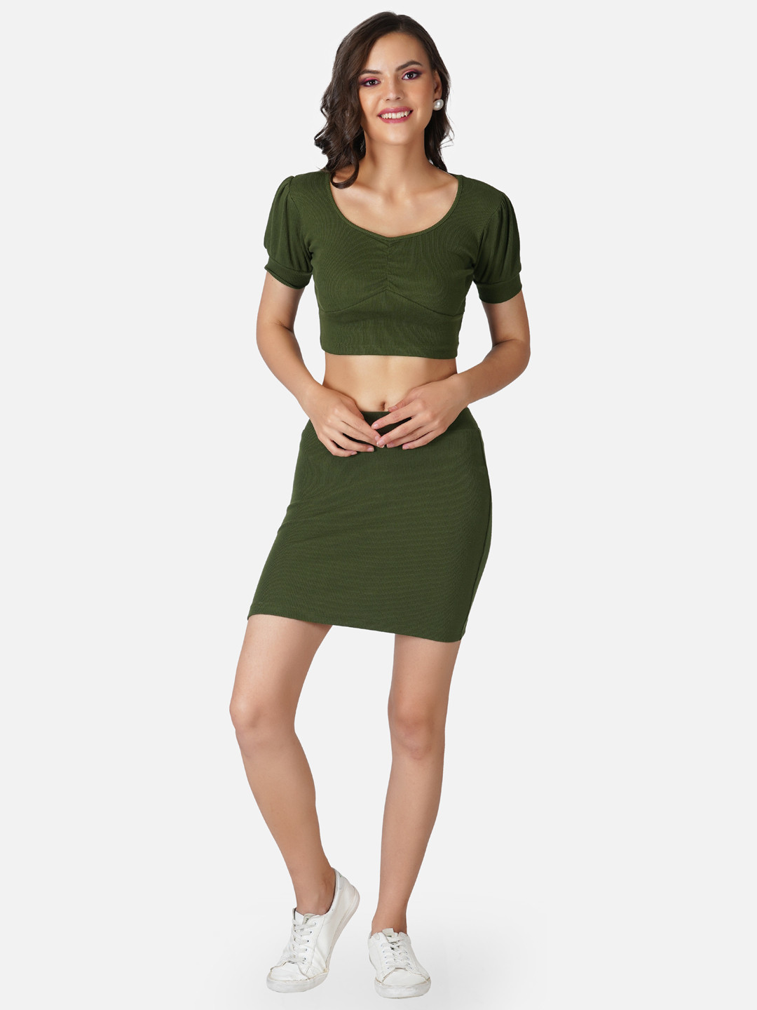 

Tinted Women Striped Top With Skirt Co-Ords, Olive